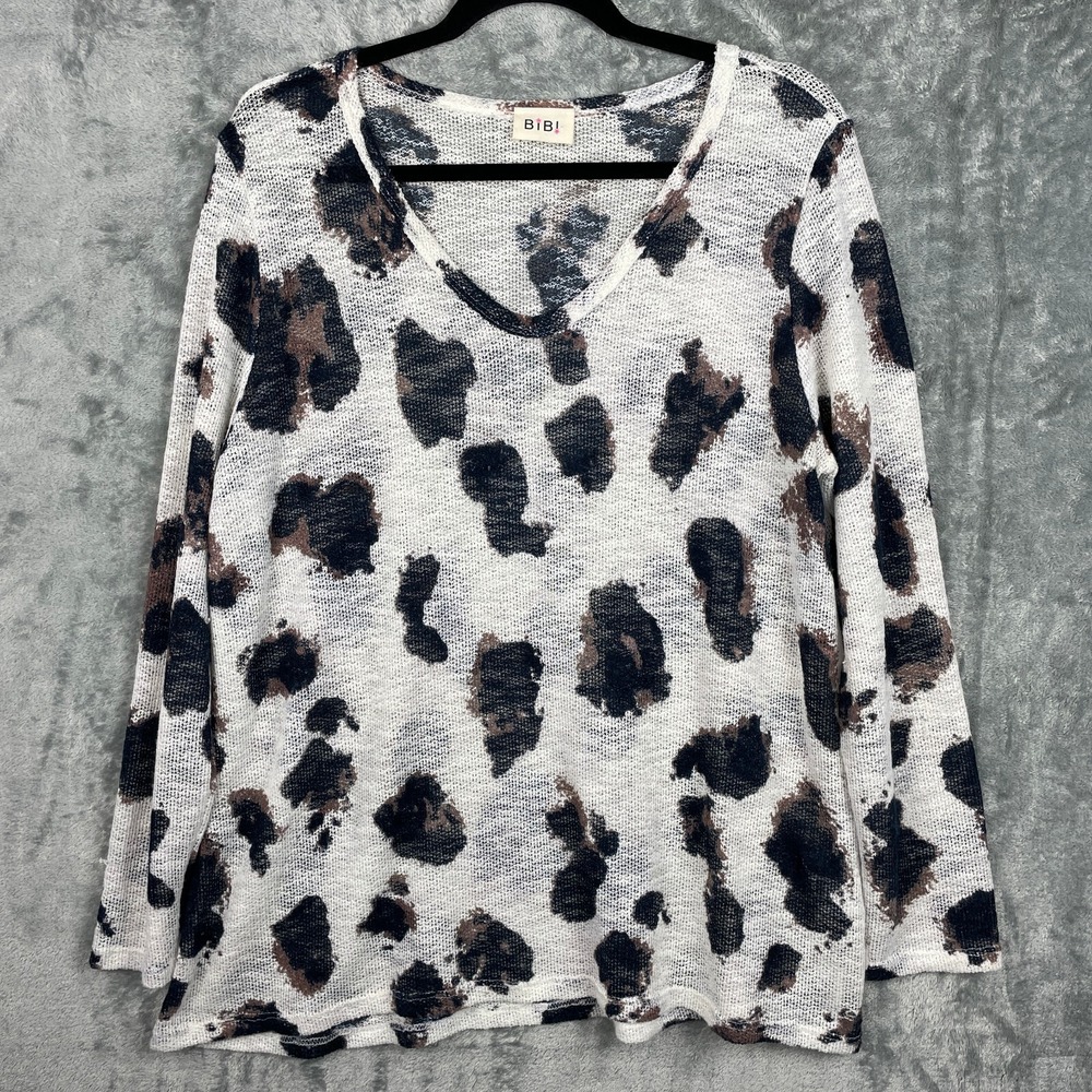 Bibi Sweater Womens Large Leopard Animal‎ Print Beachy Pullover Whimsical Top